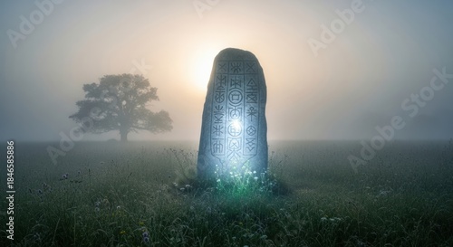 Mystical ancient stone with runic symbols in a foggy field at sunrise