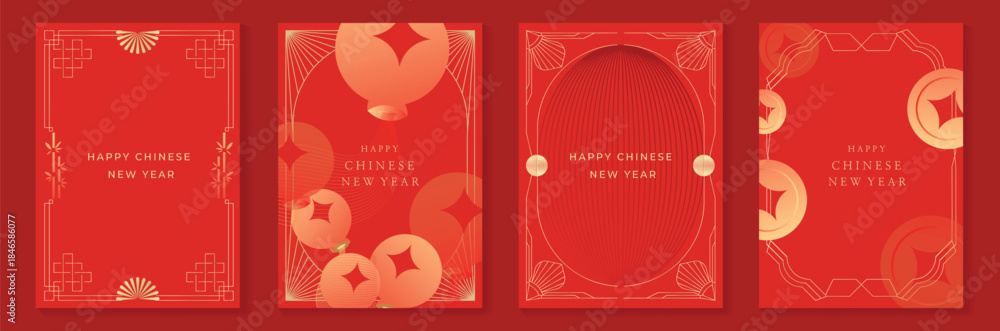 Naklejka premium Chinese New Year 2026 vector decorative frame set with red and gold line art. Elegant oriental border design for greeting card poster invitation packaging and background.