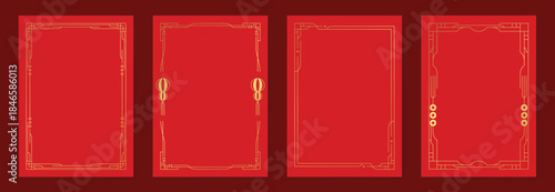 Chinese New Year 2026 vector decorative frame set with red and gold line art. Elegant oriental border design for greeting card poster invitation packaging and background.