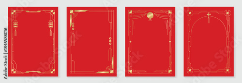 Chinese New Year 2026 vector decorative frame set with red and gold line art. Elegant oriental border design for greeting card poster invitation packaging and background.