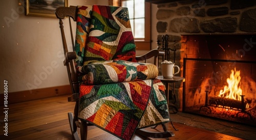 Cozy rocking chair with colorful quilts by a warm crackling fireplace.
