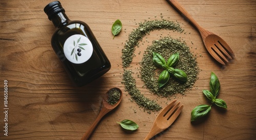Fresh ingredients on a rustic wooden board with olive oil and basil.