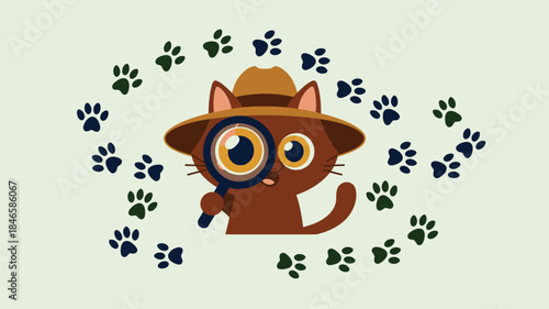 Curious cat detective with magnifying glass solving mystery