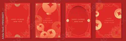 Chinese New Year 2026 vector decorative frame set with red and gold line art. Elegant oriental border design for greeting card poster invitation packaging and background.