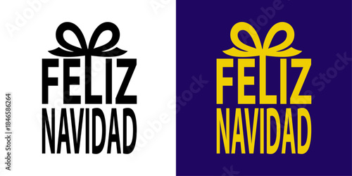 Tiempo de Navidad. Logo con texto en español Feliz Navidad con forma de caja de regalo con lazo de cinta