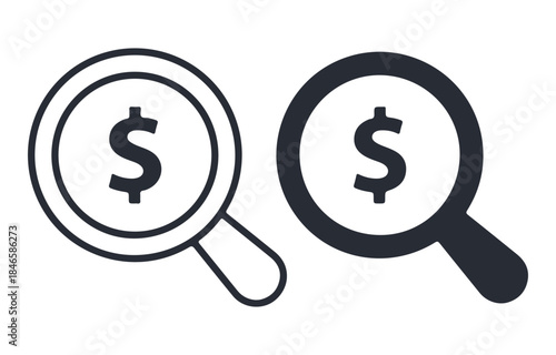 magnifying glass dollar icons set, flat minimal vector illustration