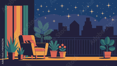 Cozy balcony with chair and plants overlooking city skyline at night