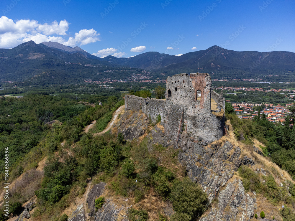 Obraz premium Aerial view of the city of Avigliana and its castle