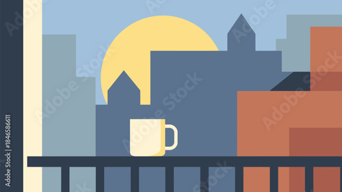 Serene cityscape with coffee mug on balcony at sunrise