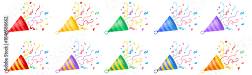 Vector cartoon image of a festive party popper with confetti. Concept for birthdays, Christmas, New Years, and other celebrations. Element for your design.