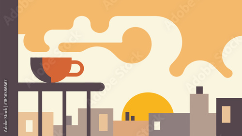 Cozy morning city view with steaming coffee cup on balcony