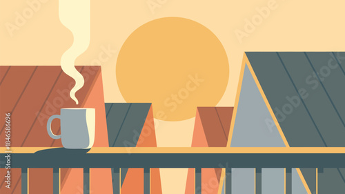 Cozy morning scene with steaming coffee on balcony