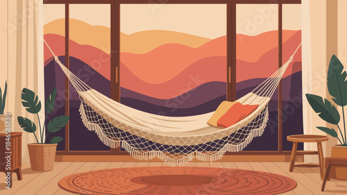 Cozy indoor hammock with serene mountain view