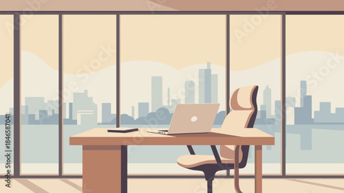 Modern office workspace with city view and laptop