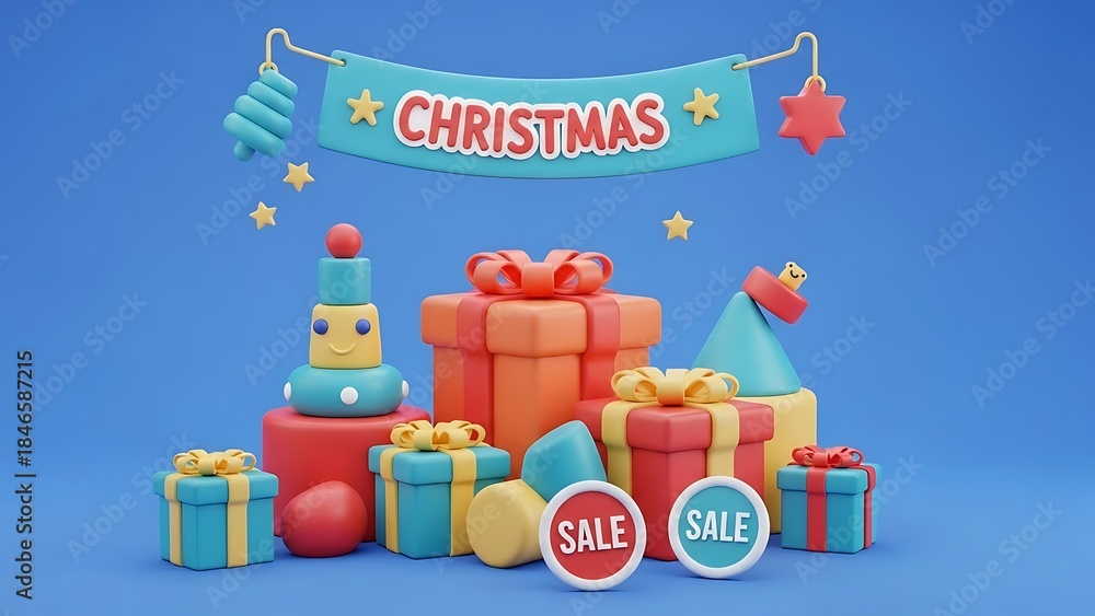Naklejka premium A festive christmas shopping scene with gifts, decorations, and a prominent sale banner