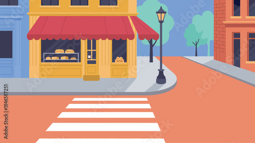 Quaint bakery on corner of busy street with red awning