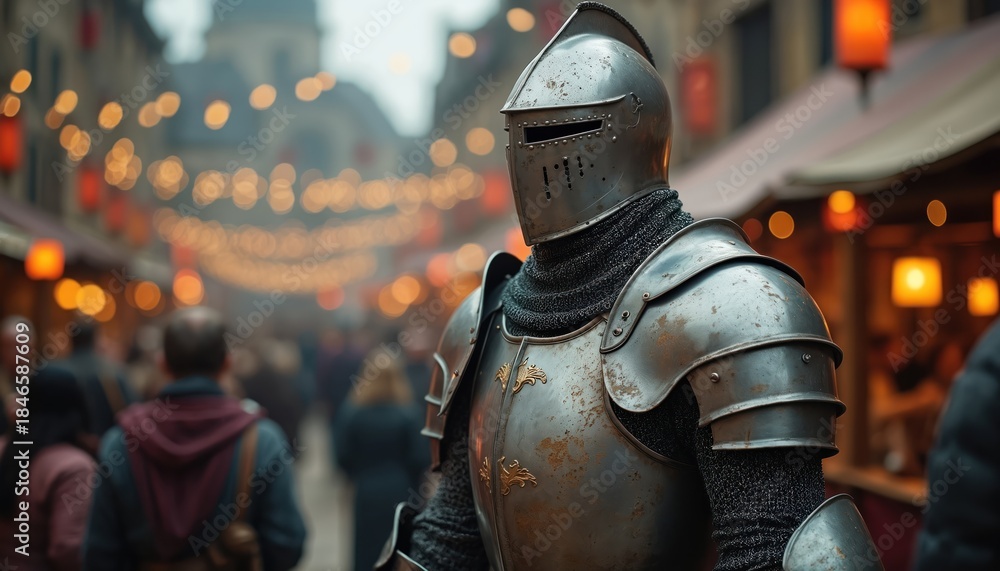 Naklejka premium Man in medieval armor stands in historical reenactment. Knight in full armor with helmet. People walk around in blurred background. Scene set in street with lanterns. Medieval festival market event.
