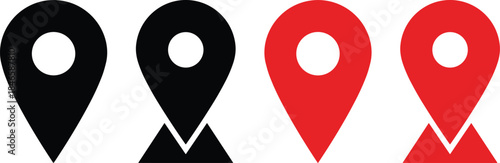 Location pin icon set, map marker symbols, black red design, navigation graphic, GPS pointer, minimal style, UI interface element