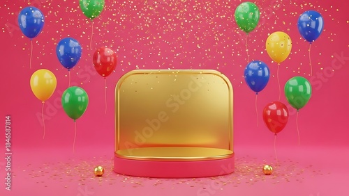 Golden podium with colorful balloons on a pink background and falling confetti