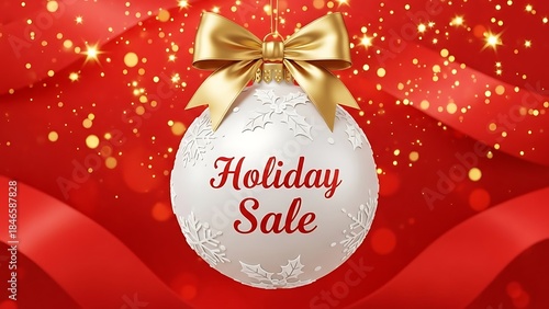 A white christmas ornament announces a holiday sale against a festive red background