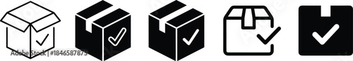 Box checkmark icon set, delivery confirmation symbols, packaging graphic, shipping status design, black parcel icons, minimal style, UI element