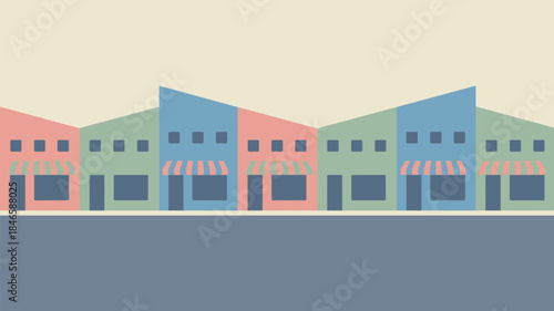 Colorful modern storefronts in a vibrant shopping district