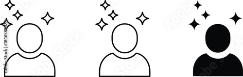 Sparkle person icon set, creativity brilliance symbol, black white design, standout individual graphic, UI element, minimal style, inspiration badge