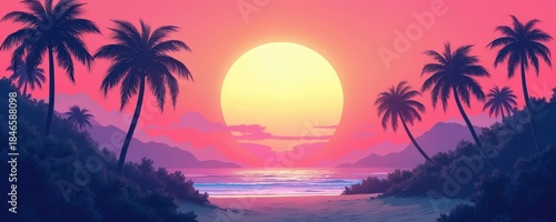 Illustration of sunset at tropical beach with silhouettes of palm trees. Sun sets over sea landscape. Vibrant colorful skies background. Seaside idyllic vacation.