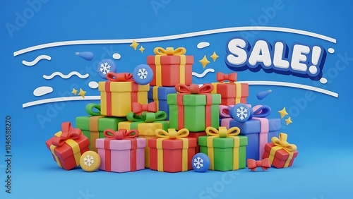 Abundant gifts and presents for a holiday sale promotion against a blue background