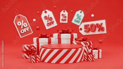 Red and white festive sale promotion background with gift boxes and display podium