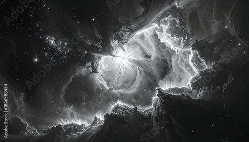 Dramatic monochrome nebula with bright center, swirls of cosmic dust, and distant sparkling stars in background