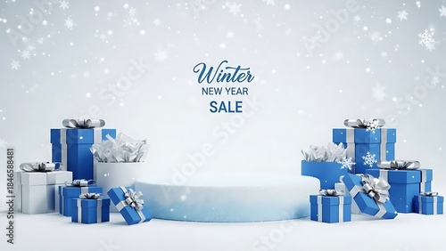 Festive winter new year sale scene with podium and blue and white gift boxes