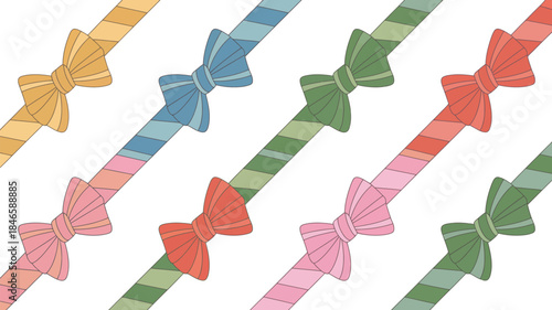 Colorful striped ribbons with bows in various hues