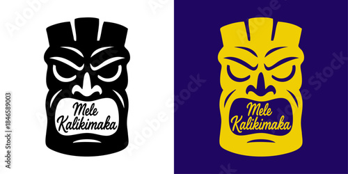 Navidad en Hawái. Logo Feliz Navidad en hawaiano. Mensaje con texto Mele Kalikimaka con silueta de máscara tiki