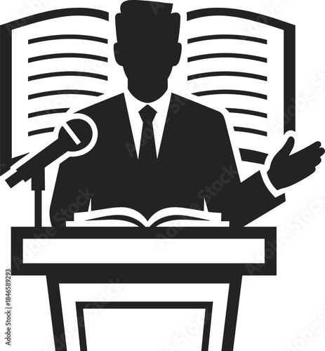 Black silhouette of a person speaking at a podium with open book and microphone