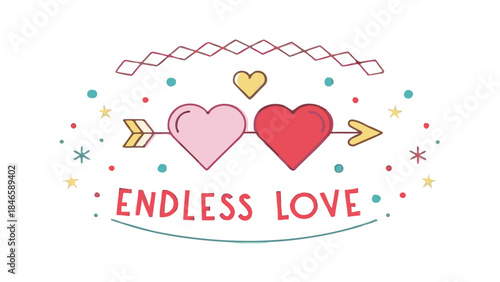 Flat pastel valentine design with double hearts and endless love text in colorful whimsical illustration style