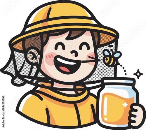 Happy beekeeper in yellow hat holding jar of honey with bee hovering nearby beekeeping protective hat