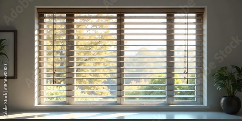 Sunlight streams through partially opened wooden window blinds, illuminating a tranquil indoor scene with a potted plant
