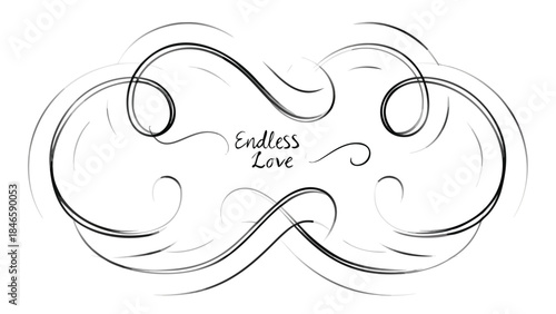 Elegant black and white hand drawn floating heart design with endless love text