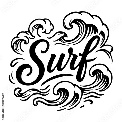 Palabra manuscrita Surf con dibujo de olas de mar