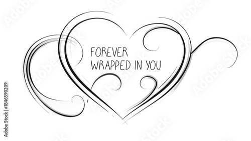 Black and white heart illustration with swirling lines and forever wrapped in you text