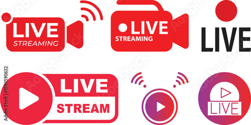 Live Streaming Icon set. Vector for streaming, live broadcast, blog, television, shows, live performances, news and various video content. Live broadcasting buttons and symbols. Vector illustration.