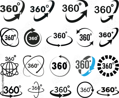 360 degrees vector icon set. Round signs with arrows rotation to 360 degrees. 360 degree complete angle or a full angle. 360 degrees logo, label, badge, symbol, banner, circle, black, line, isolated.