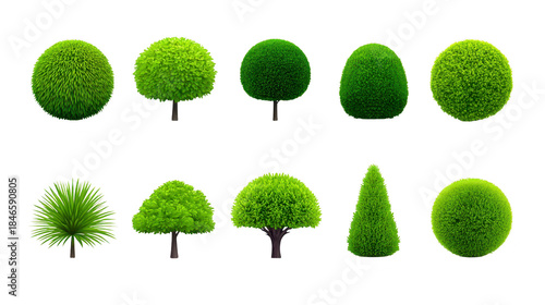 Round green tree bush and shrub topiary set isolated on transparent background features various shapes including sphere cone and dome perfect for landscaping gardening and park design