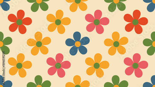Vibrant multicolored flower pattern on cream background