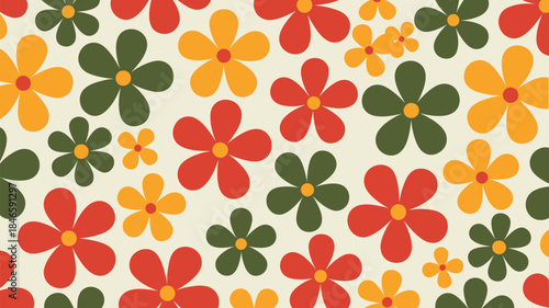Vibrant floral pattern with red, yellow and green flowers