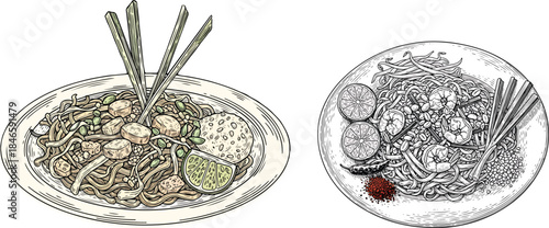Thai Pad Thai Etching Engraving Style Vector Icon Set Isolated Traditional Noodle Street Food Illustration