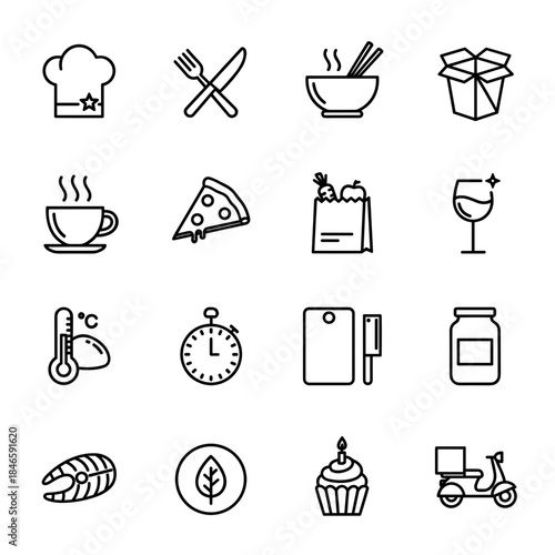 Kitchen & Food Icon Set - Vector Illustration of Cooking, Takeout & Chef Outline Symbols