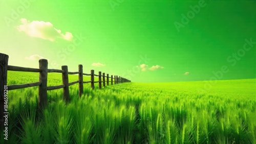 Serene landscape of a verdant field extending to the horizon, marked by a rustic wooden fence under a vibrant green sky.