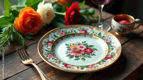 Elegant floral dinnerware set on rustic wooden table with a glass of wine and roses